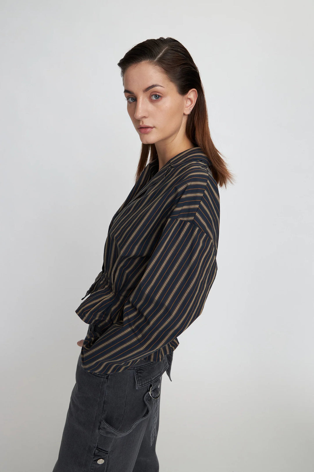 Stella Nova – Feminine Pleated Shirt in Dark Stripe