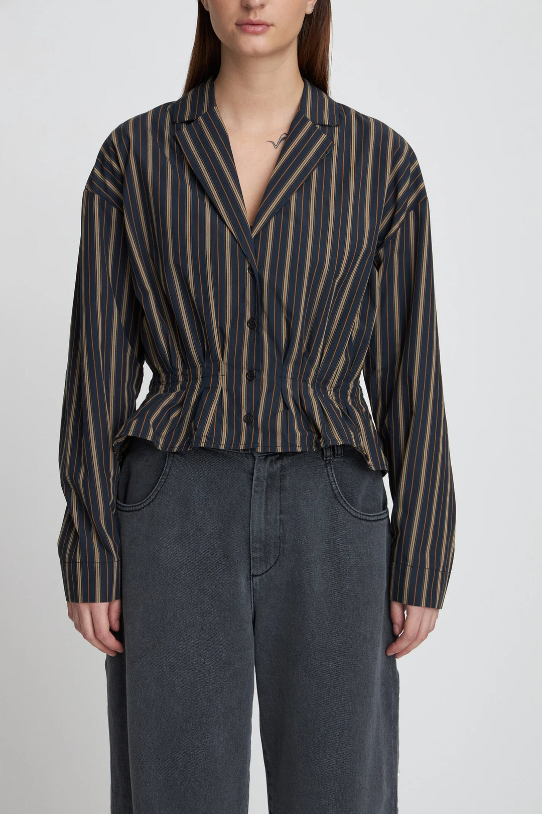 Stella Nova – Feminine Pleated Shirt in Dark Stripe