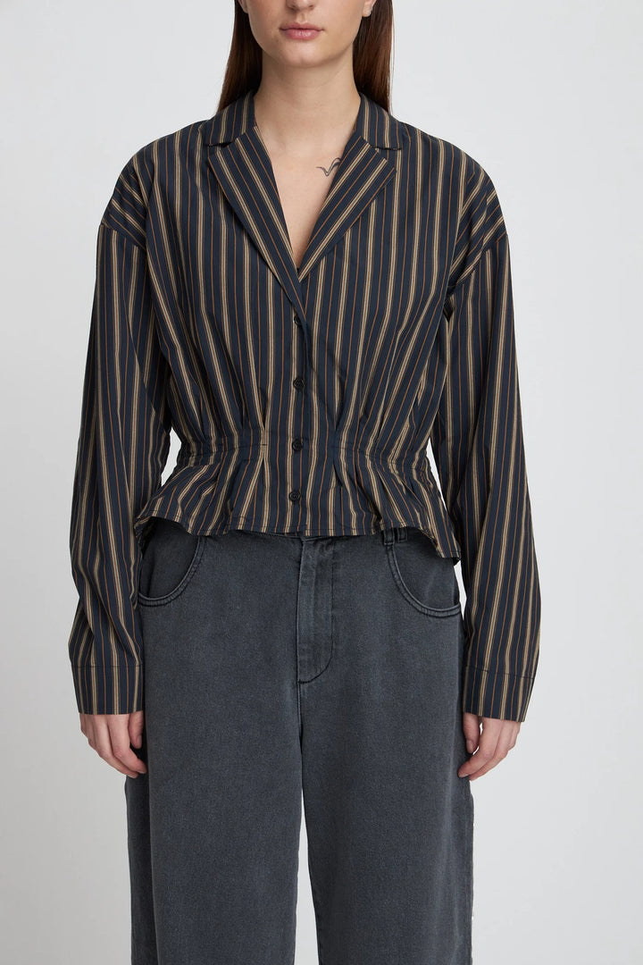 Stella Nova – Feminine Pleated Shirt in Dark Stripe