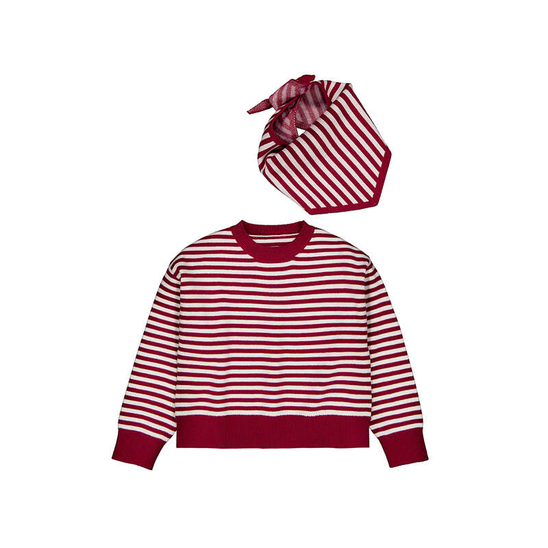 Mayoral – Striped Sweater with Scarf in Berry Red