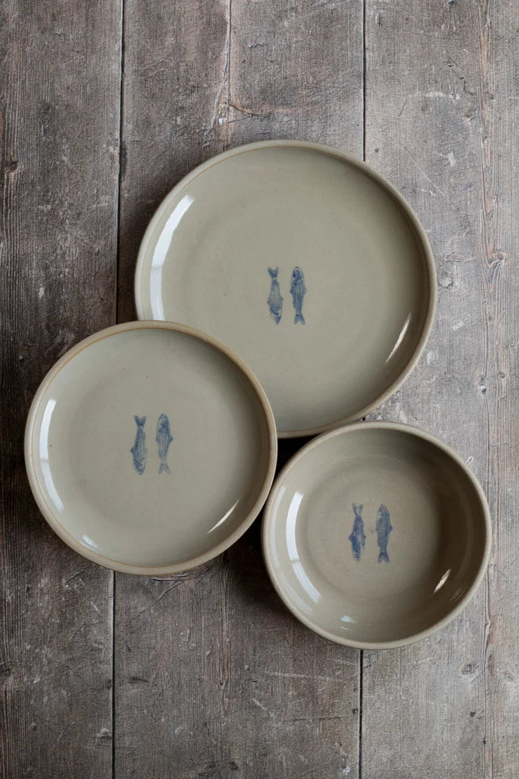 Jars of Dust – Blue Sardine Stamped Handmade Ceramic Pasta Bowl
