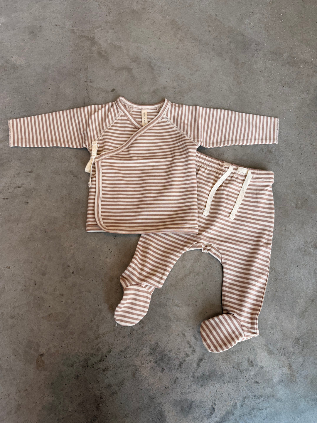 Quincy Mae – Wrap Top + Footed Pant Set in Almond Stripe