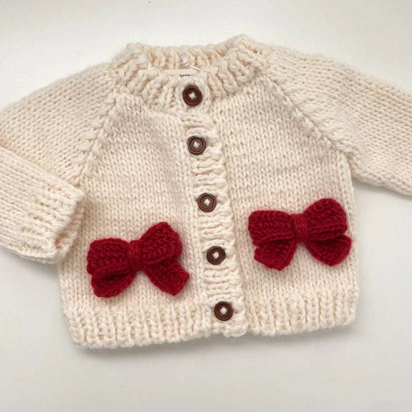 The Blueberry Hill - Red Bow Cardigan in Cream