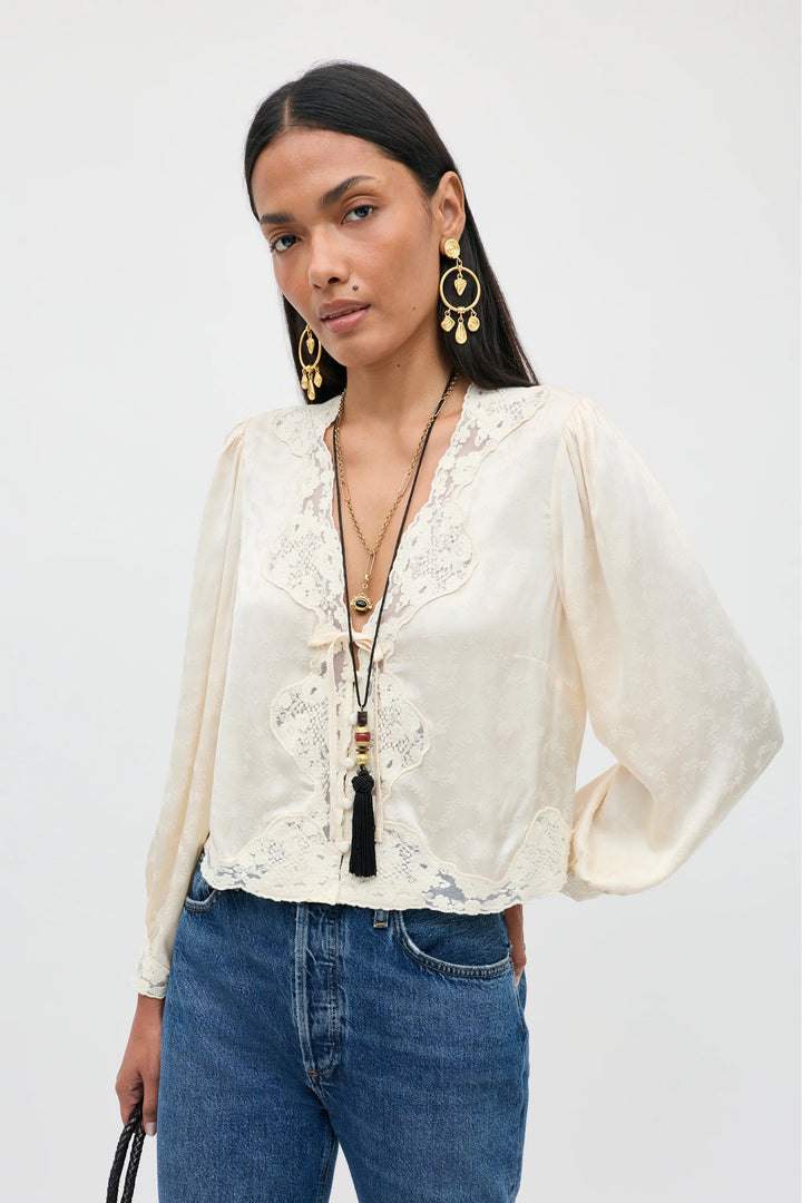 RIXO - Tove Top Floral Trail Jacquard Champagne