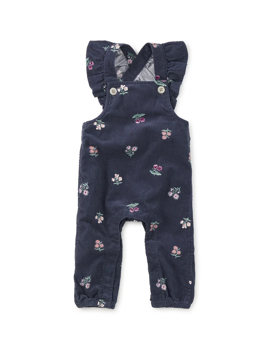 Tea Collection – Corduroy Ruffle Baby Overalls in Midnight Posy