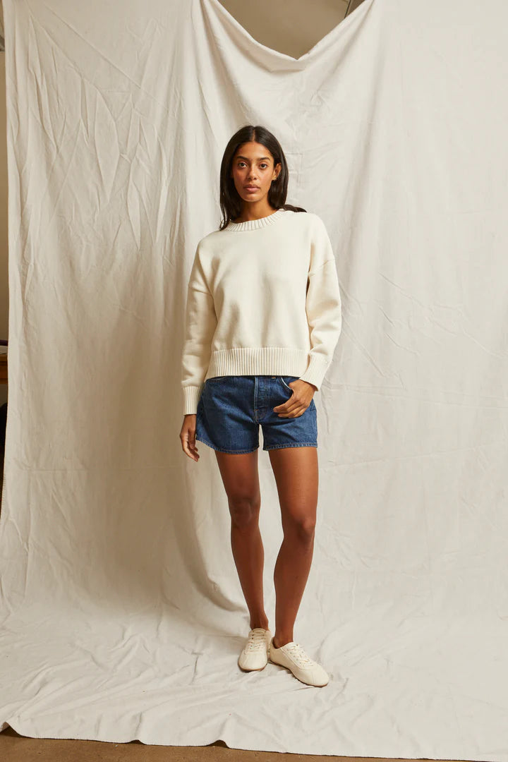Perfect White Tee - Janet Cotton Crewneck Sweater in Bright Ivory