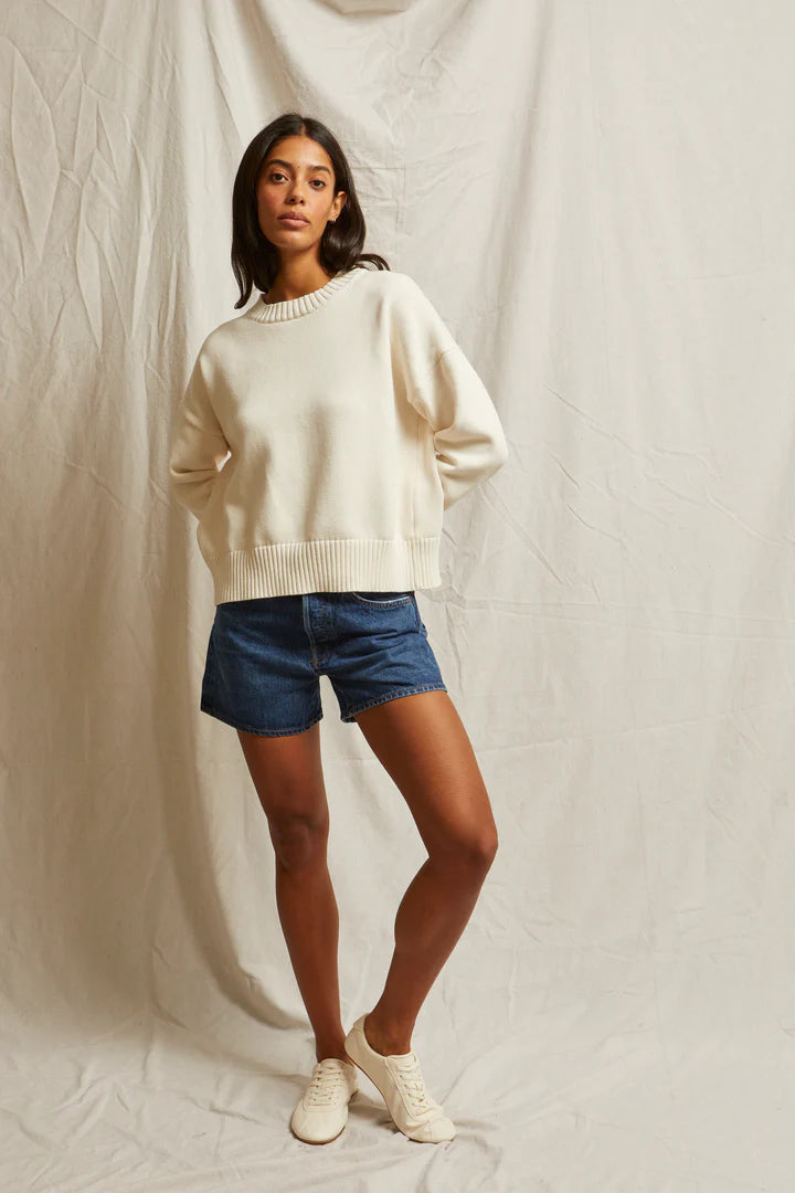 Perfect White Tee - Janet Cotton Crewneck Sweater in Bright Ivory