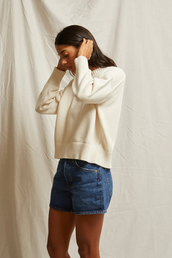 Perfect White Tee - Janet Cotton Crewneck Sweater in Bright Ivory