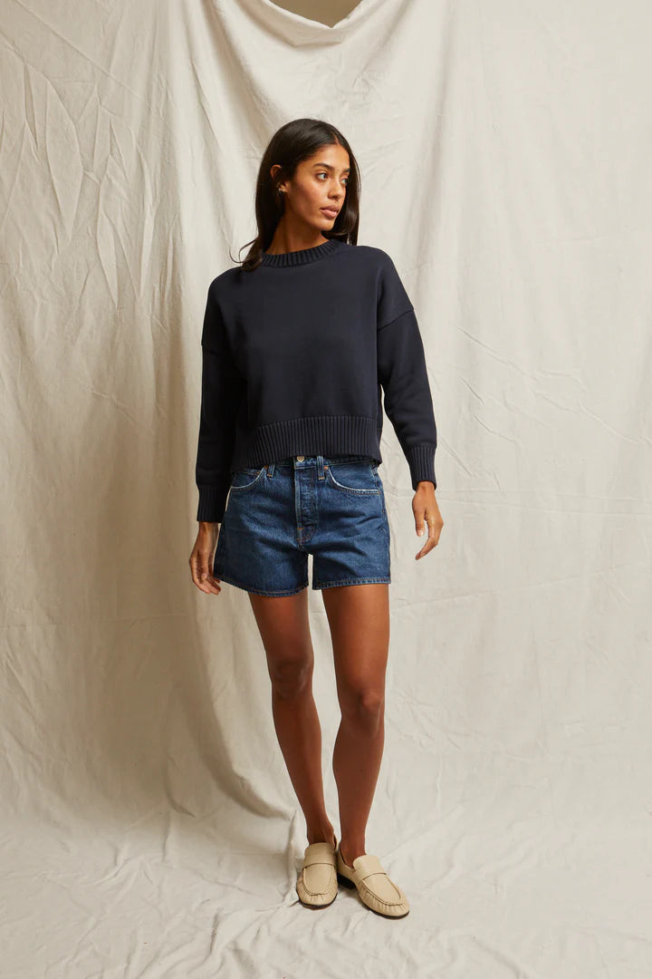 Perfect White Tee - Janet Cotton Crewneck Sweater in Navy
