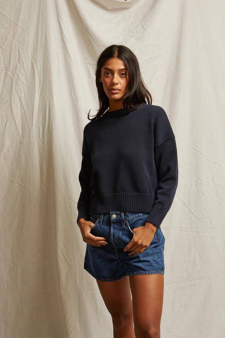Perfect White Tee - Janet Cotton Crewneck Sweater in Navy