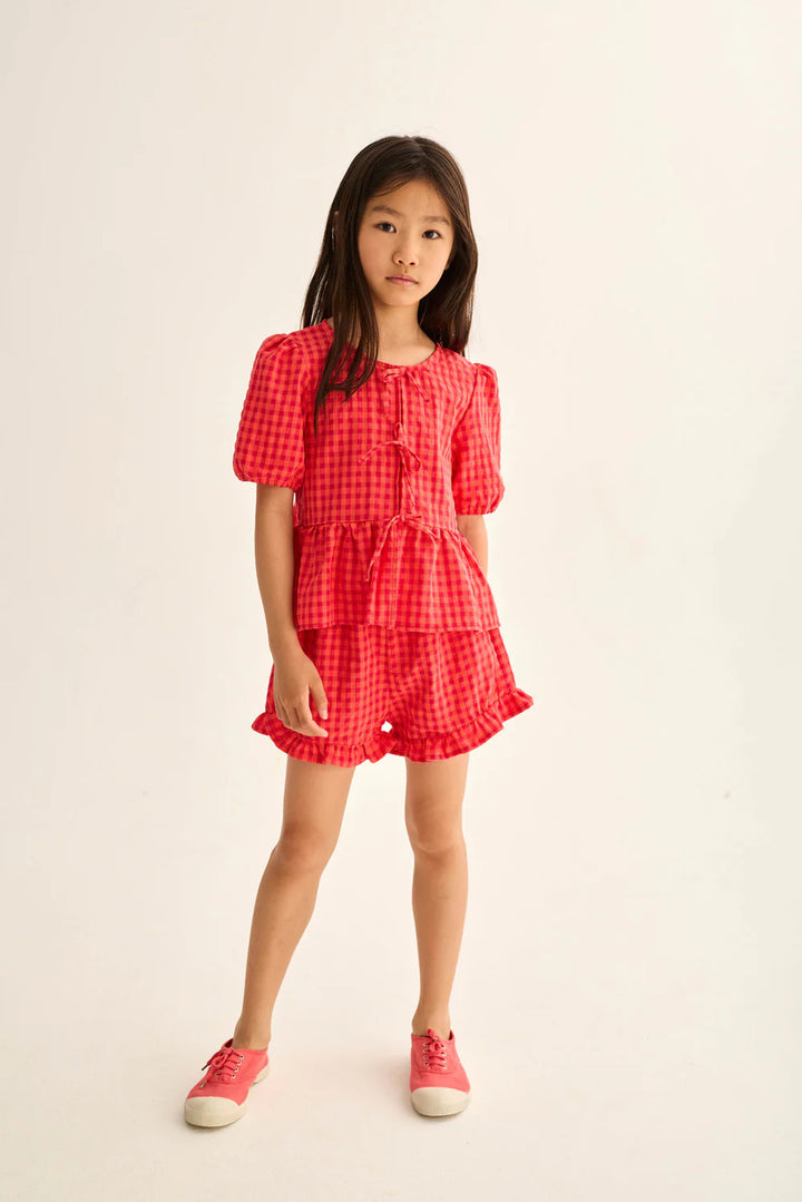 Cozmo- Jud Gingham Cotton Shorts in Tomato