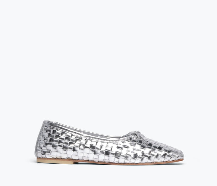 Freda Salvador – Jada Square-Toe Woven Flat in Silver