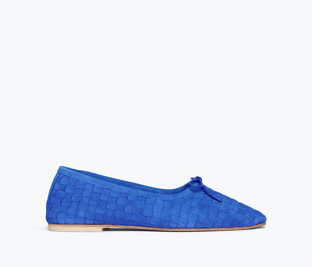 Freda Salvador – Jada Square-Toe Woven Flat in Cobalt Suede