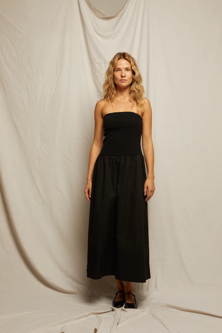 Perfect White Tee - Kai Woven Poplin Strapless Dress in True Black