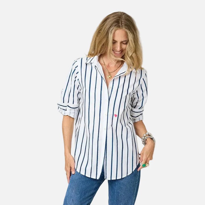 Kerri Rosenthal – Mia Mr. Sharpie Stripe Button Down in White and Indigo