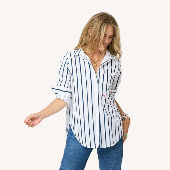 Kerri Rosenthal – Mia Mr. Sharpie Stripe Button Down in White and Indigo