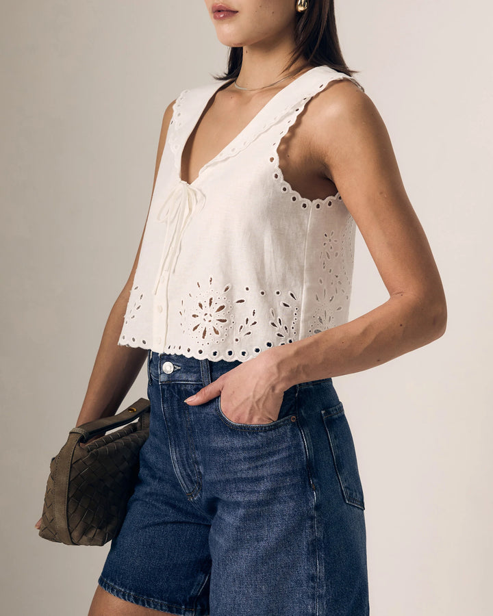 Le Jean – Embroidered Eyelet Sailor Top in White