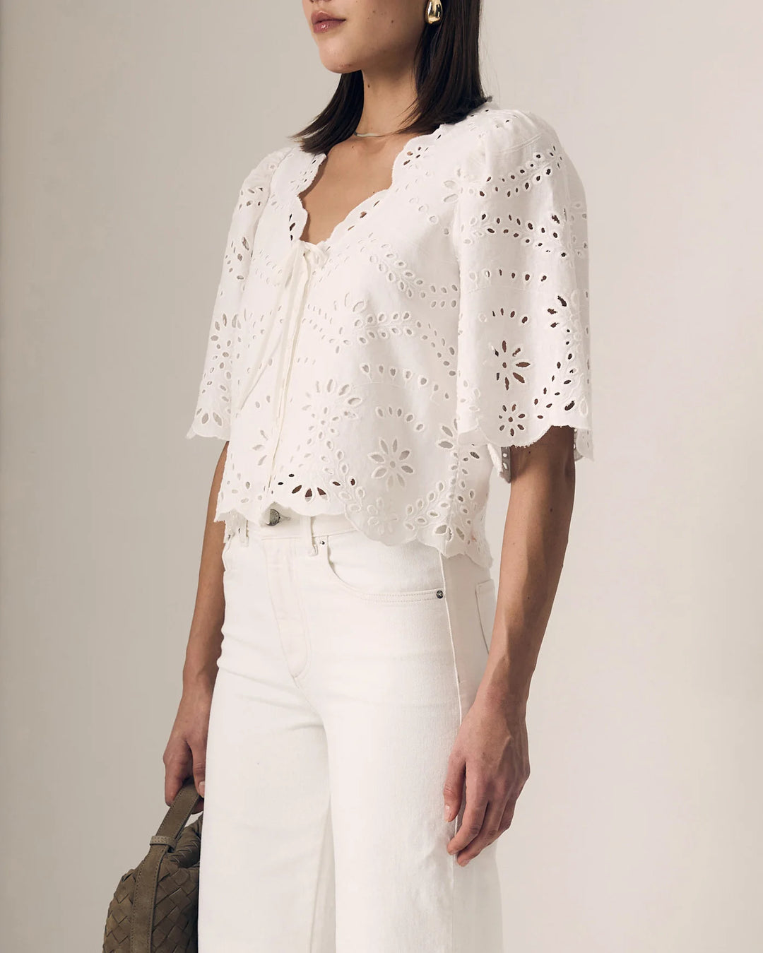 Le Jean – Embroidered Eyelet Blouse in White