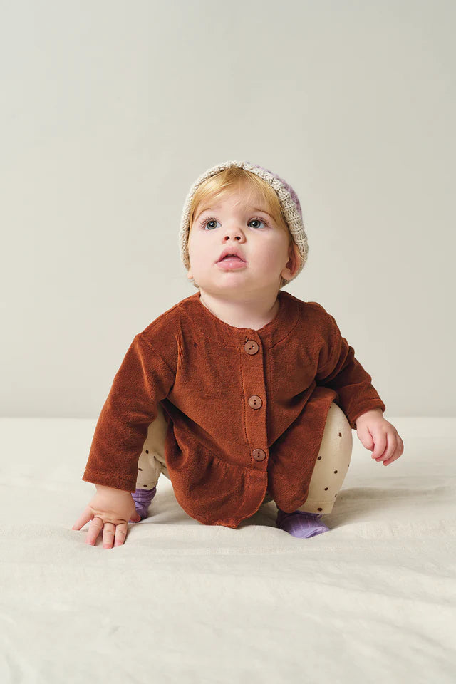 My Little Cozmo – Lydia Flounce Baby Jacket in Brown Velour