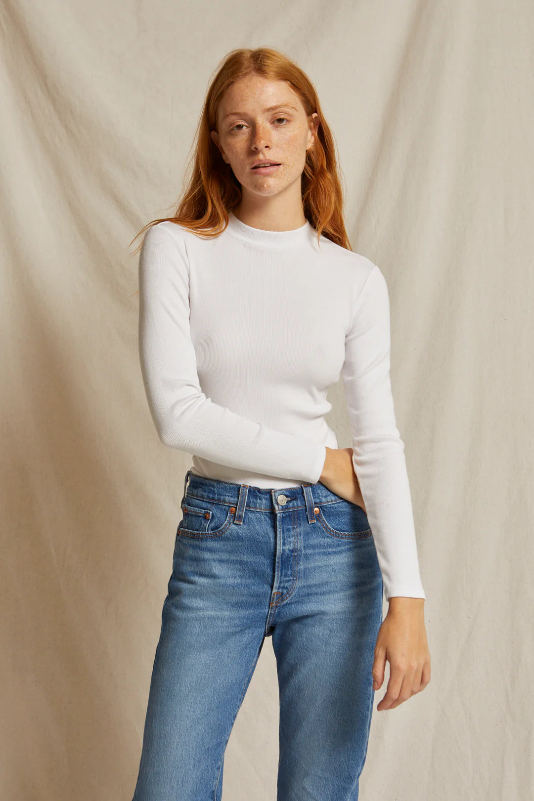 Perfect White Tee - Lauryn Mock Neck Rib Long Sleeve