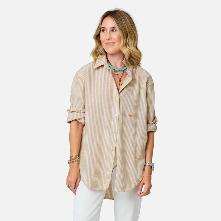 Kerri Rosenthal – Jack Linen Cotton Button Down Stripe Shirt in Oak