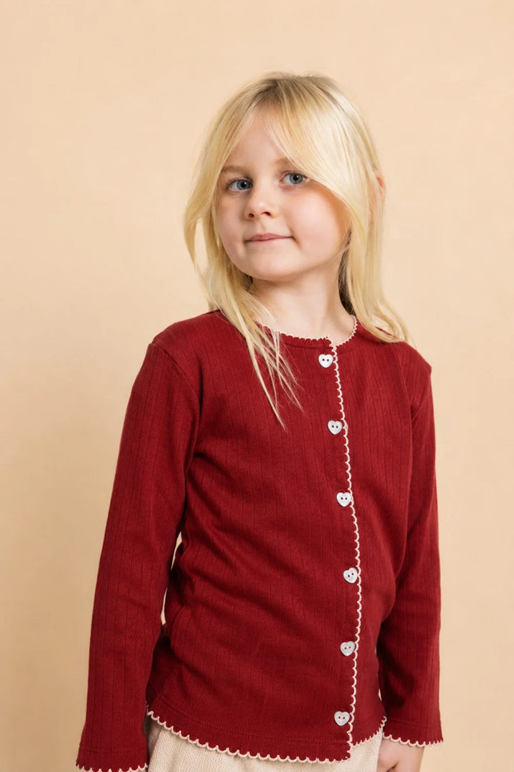 Floess – Liva Pointelle Cardigan in Dark Cranberry