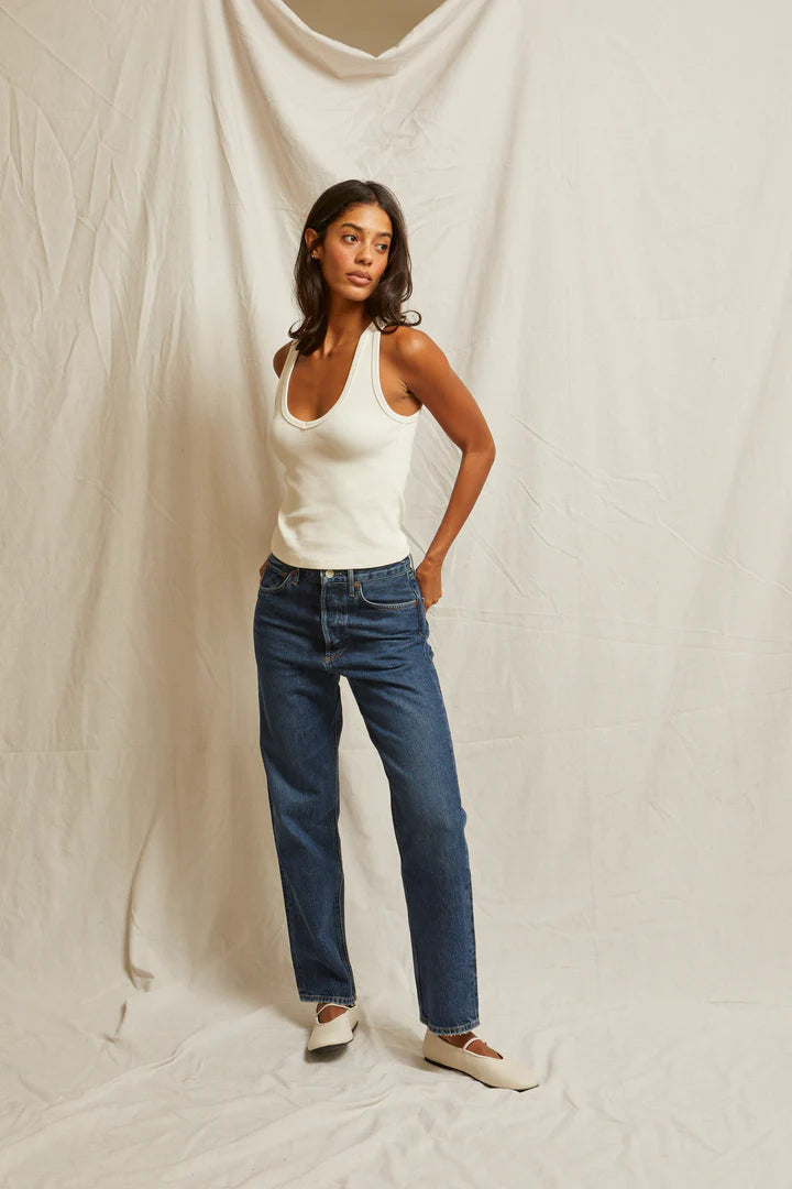 Perfect White Tee - Maria Structured Rib V-Neck Tank in Bright Ivory
