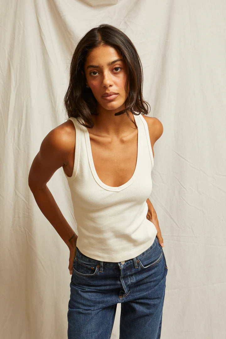 Perfect White Tee - Maria Structured Rib V-Neck Tank in Bright Ivory