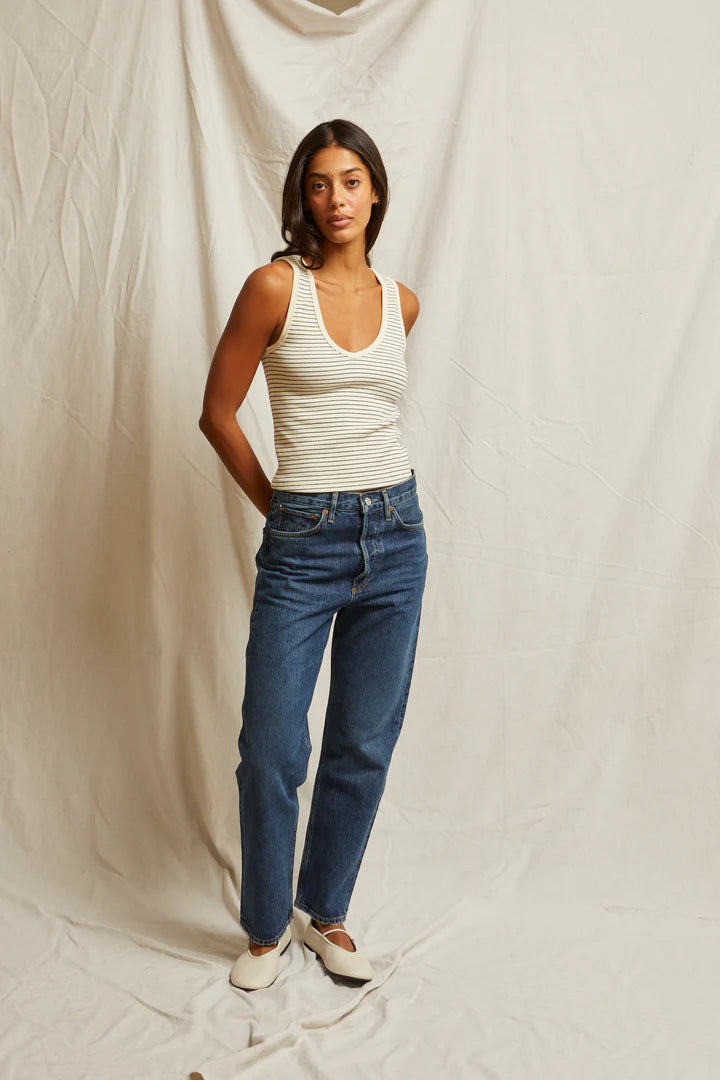 Perfect White Tee - Maria Structured Rib V-Neck Tank in Navy and Natural Stripe