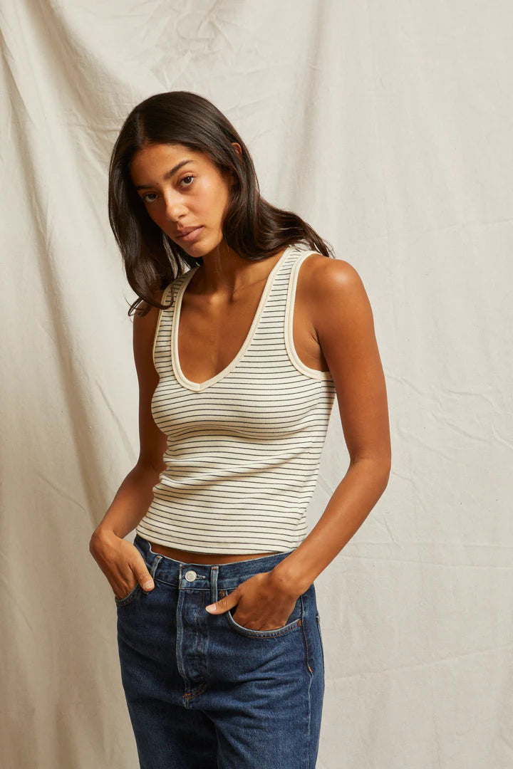 Perfect White Tee - Maria Structured Rib V-Neck Tank in Navy and Natural Stripe