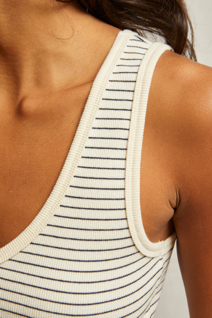 Perfect White Tee - Maria Structured Rib V-Neck Tank in Navy and Natural Stripe