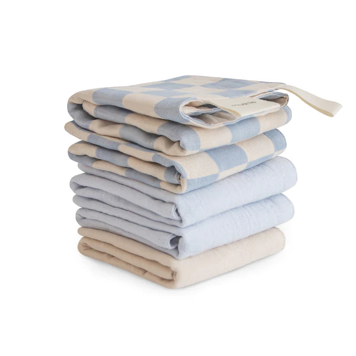 Mushie - Muslin Cotton Washcloth 5-pack in Blue Check Combo