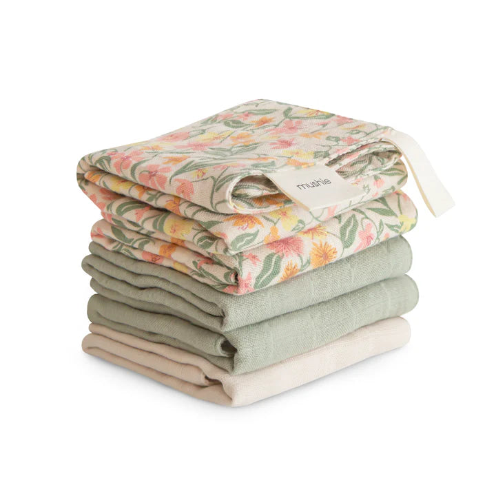 Mushie - Muslin Cotton Washcloth 5-pack in Pastel Blooms