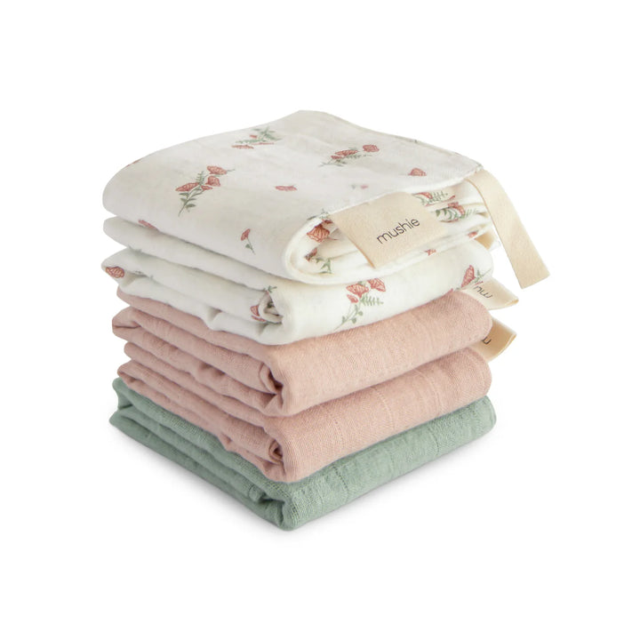 Mushie - Muslin Cotton Washcloth 5-pack in Pink Flowers Combo