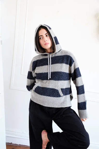 Nikki Chasin – Sal Striped Hoodie in Textured Merino Navy/Dove