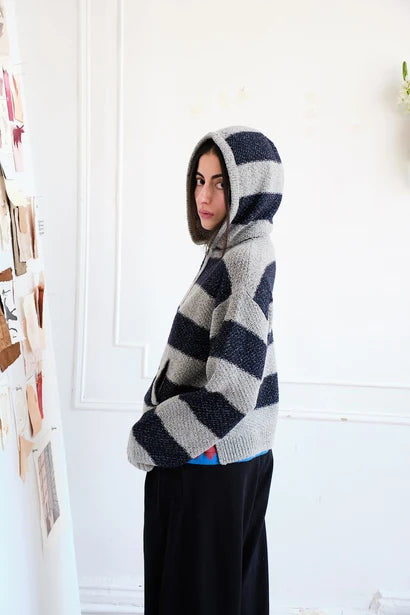 Nikki Chasin – Sal Striped Hoodie in Textured Merino Navy/Dove