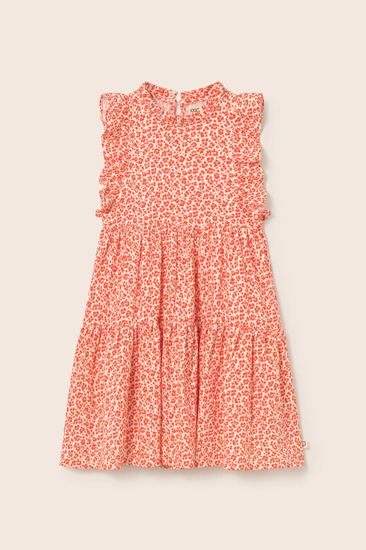 Cozmo- Perla Animal Print Cotton Dress in Tomato