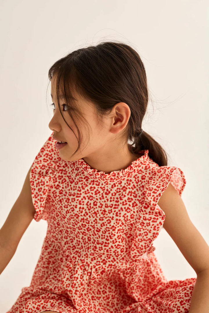 Cozmo- Perla Animal Print Cotton Dress in Tomato
