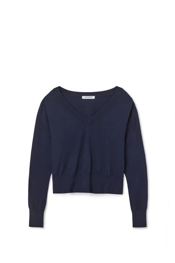 Perfect White Tee - Cotton Cashmere V Neck Sweater in Navy