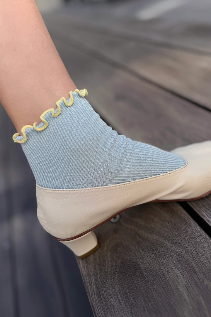 Le Bon Shoppe - Petite Ruffled Hugger Crew Sock in Baby Blue & Butter