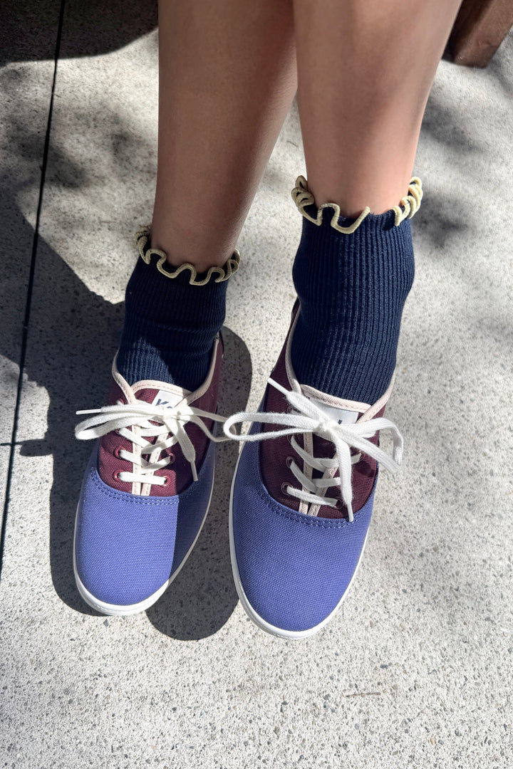Le Bon Shoppe - Petite Ruffled Hugger Crew Sock in Navy & Butter