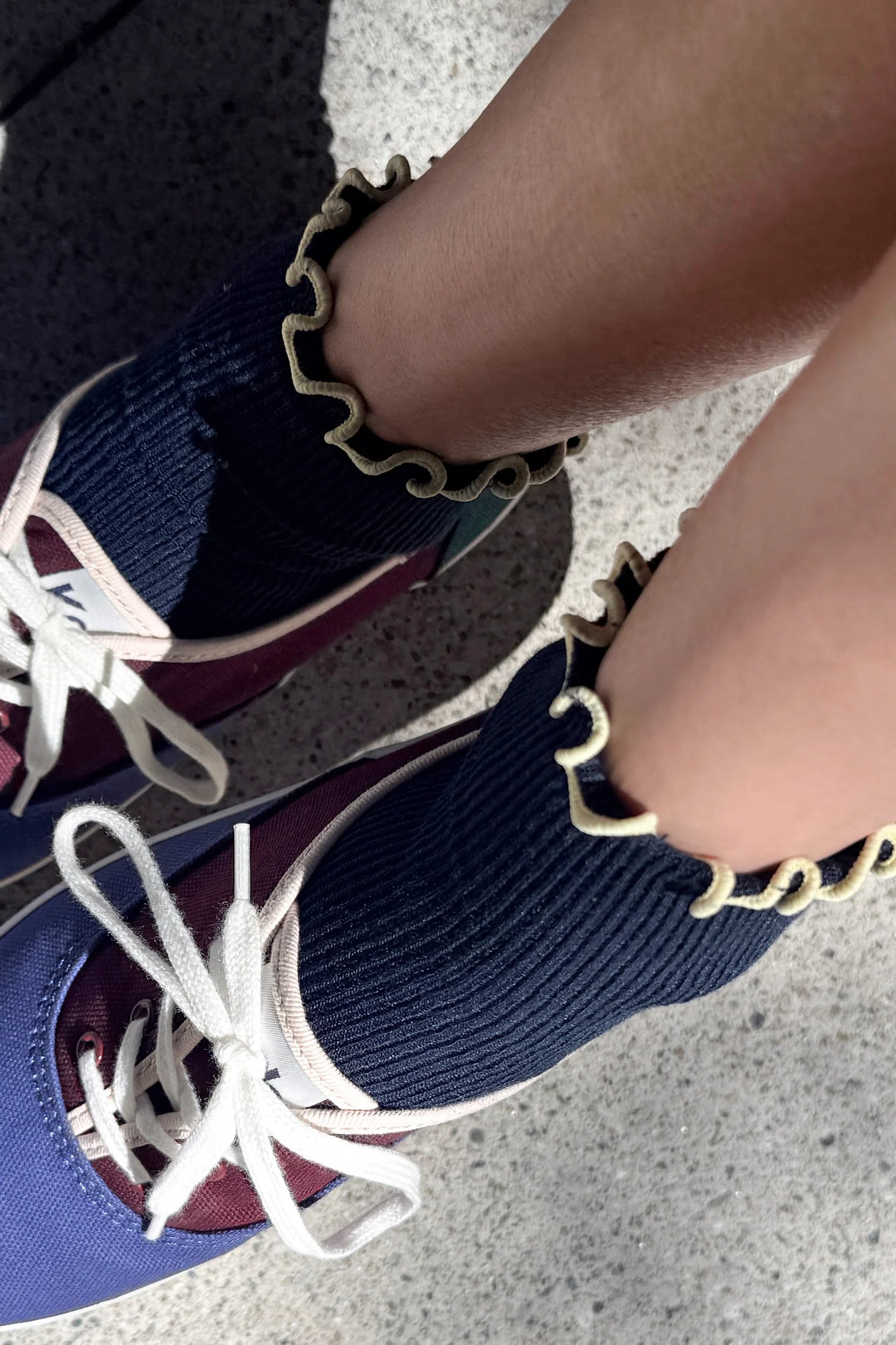 Le Bon Shoppe - Petite Ruffled Hugger Crew Sock in Navy & Butter
