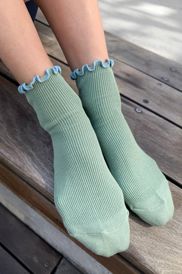 Le Bon Shoppe - Petite Ruffled Hugger Crew Sock in Seaglass & Powder Blue