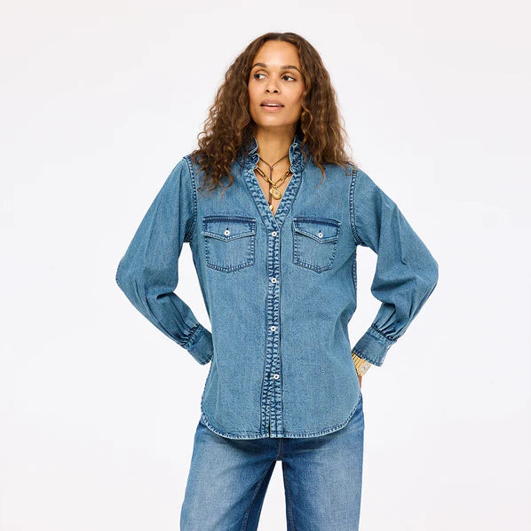 Kerri Rosenthal – Puff Sleeve Button-front Denim Shirt in True Denim