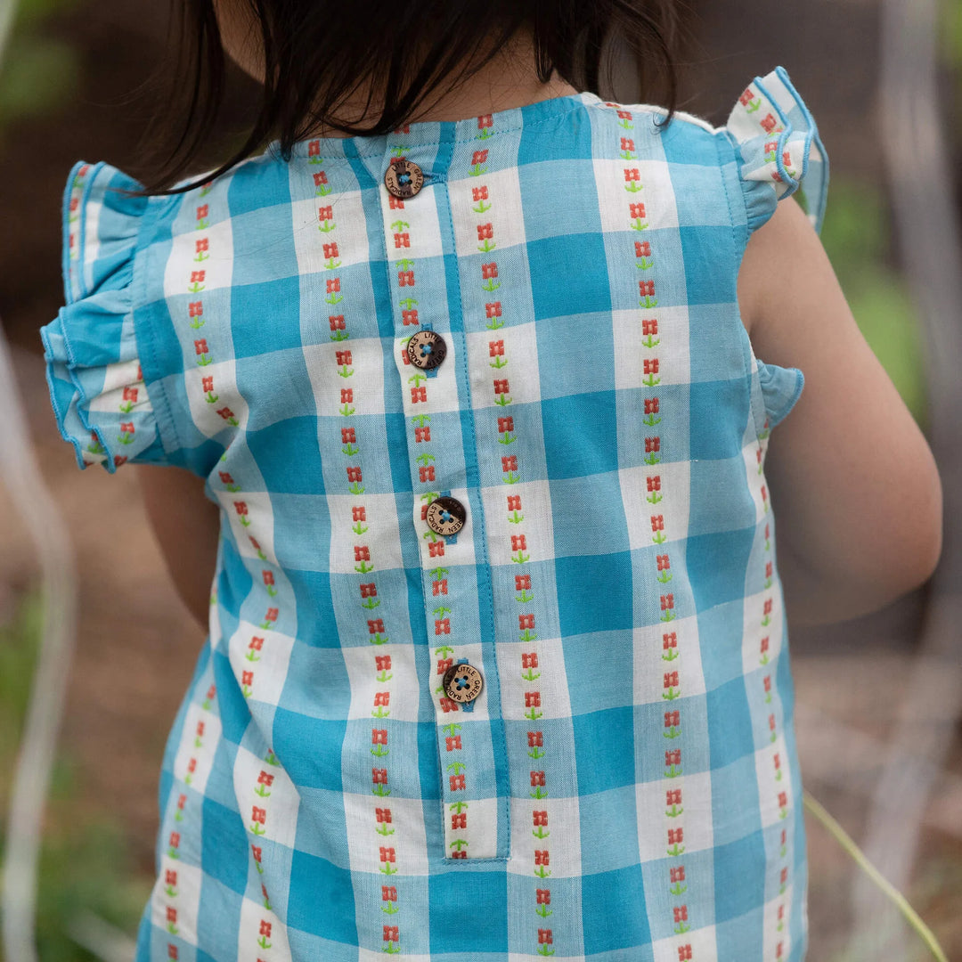 Little Green Radicals –– Blue Flowers Frill Summer Romper