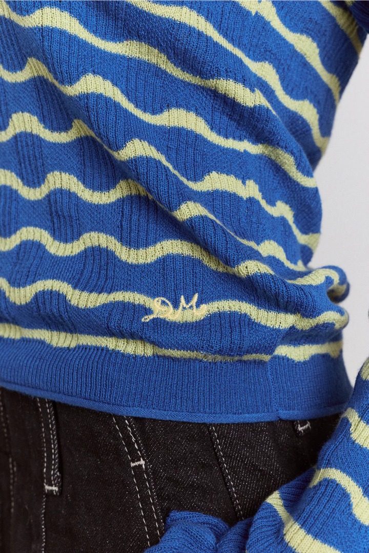 Damson Madder – Silvia Knitted Stripe Polo Sweater in Blue Mint