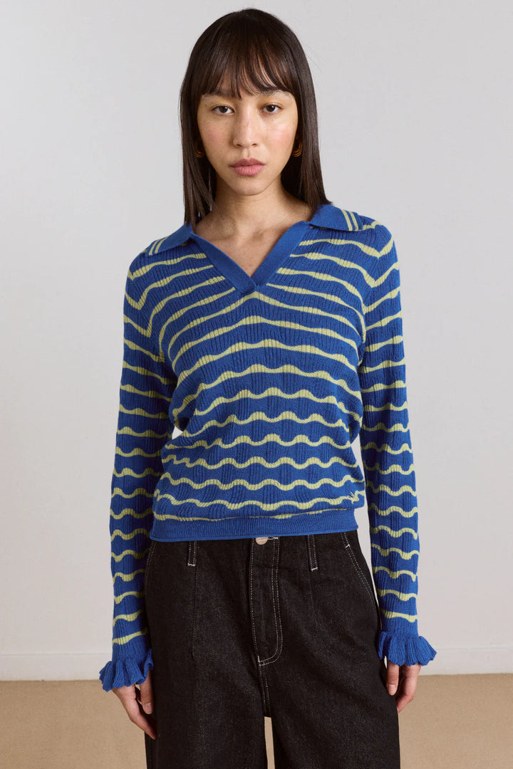 Damson Madder – Silvia Knitted Stripe Polo Sweater in Blue Mint