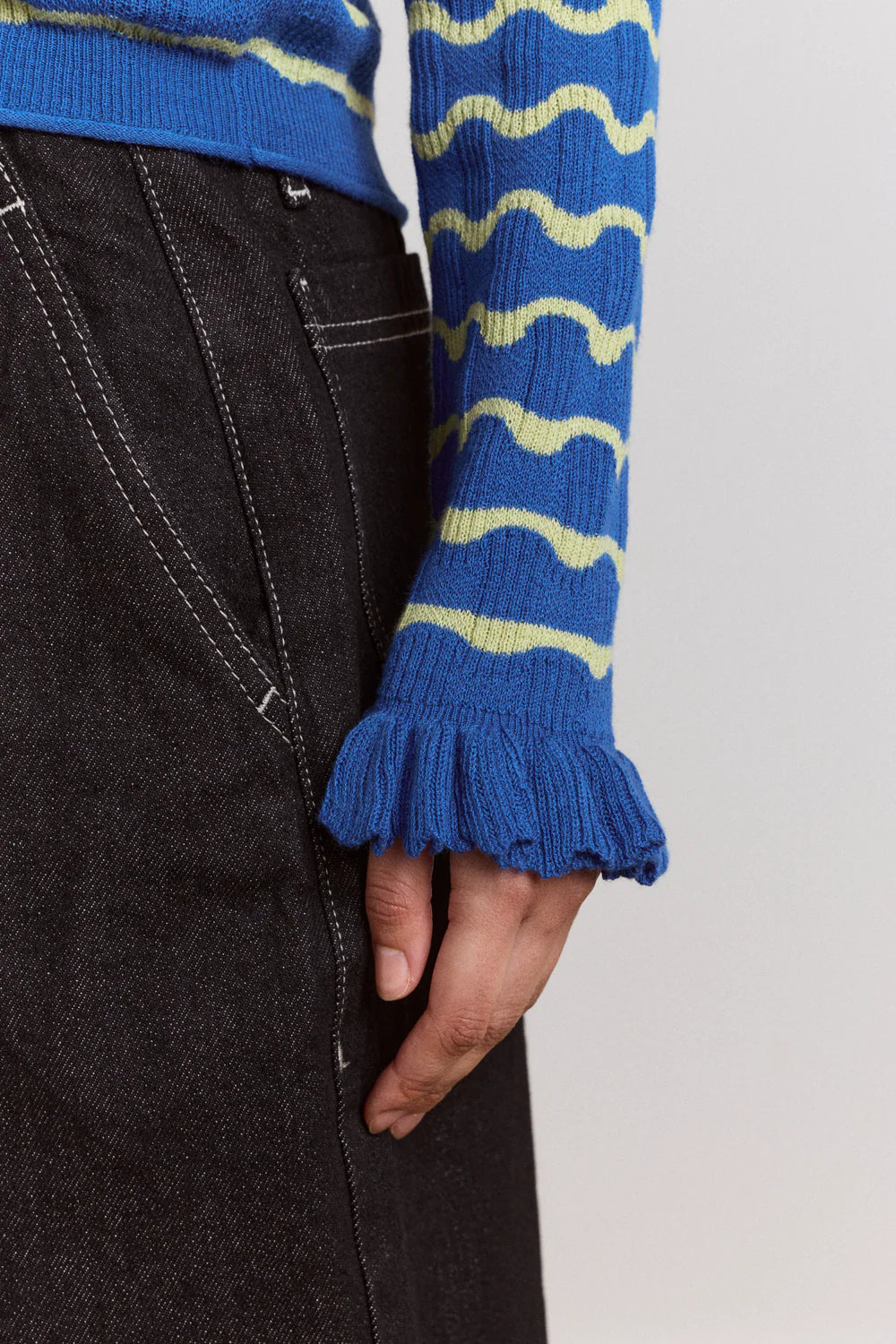 Damson Madder – Silvia Knitted Stripe Polo Sweater in Blue Mint