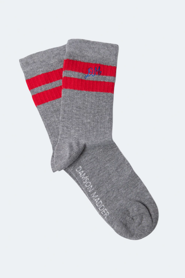 Damson Madder – Sporty Calf Length Socks in Grey / Ecru Stripe