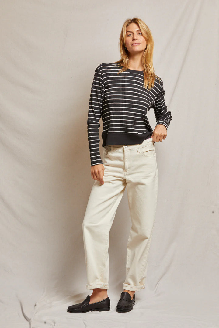 Perfect White Tee - Stef Long Sleeve Boxy Tee in Black with Sugar Stripe